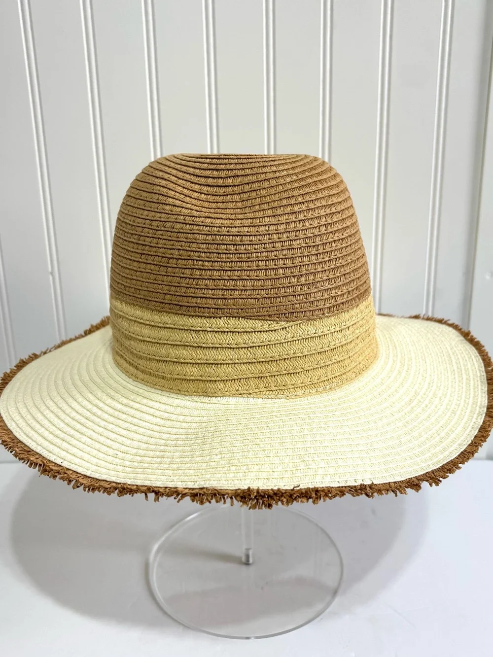 Jacobson Hat Two Tone Straw Sun Hat Wide Brim Frayed Edge Beach 21.5”
